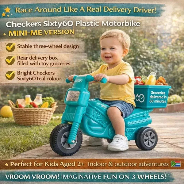 Checkers Sixty60 Teal plastic three-wheeled motorbike toy for kids with delivery box