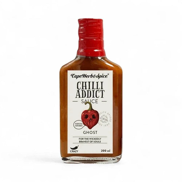 Chilli Addict Ghost Chilli Sauce 200ml bottle with extreme heat and smoky flavor, made from 11% ghost pepper chillies, vegan, halaal and kosher certified