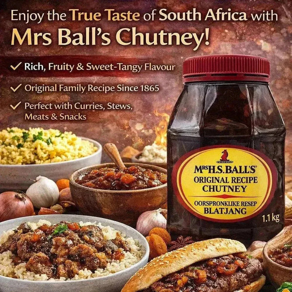 Mrs Balls Chutney Original 1.1kg jar with rich sweet-tangy flavour from South Africa