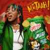 Simba Mrs Balls Chutney maize snacks with person enjoying chips in vibrant packaging.