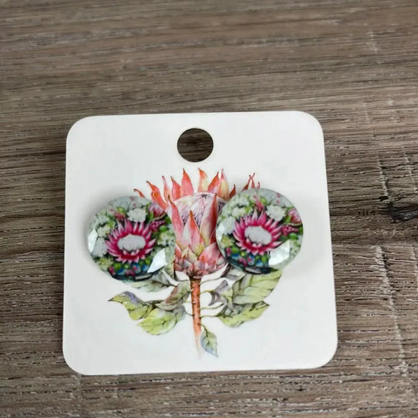 Stud Earrings - Circle One Open Pink Protea - Something From Home - South African Shop