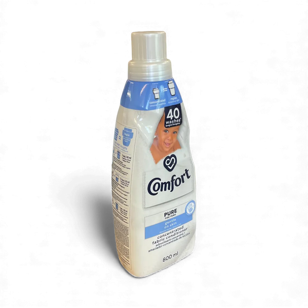 Comfort Concentrated Fabric Conditioner Pure 800ml bottle for sensitive skin, 40 washes, gentle and dermatologically tested