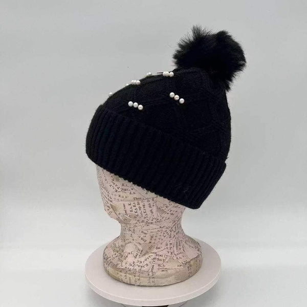 Black Cotton Road Knitted Beanie with faux pearls for warmth and style