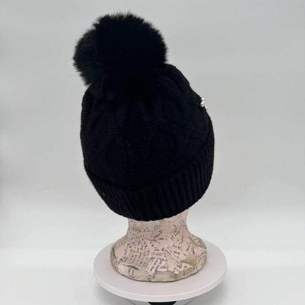Black Cotton Road knitted beanie with faux pearls, warm and soft for cold weather