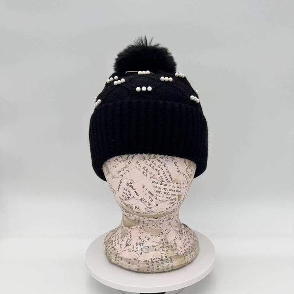 Cotton Road Knitted Beanie with faux pearls in black for warmth and style