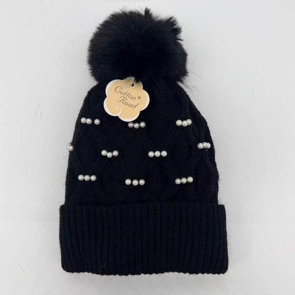 Cotton Road Knitted Beanie black with faux pearls, warm and soft winter hat covering ears
