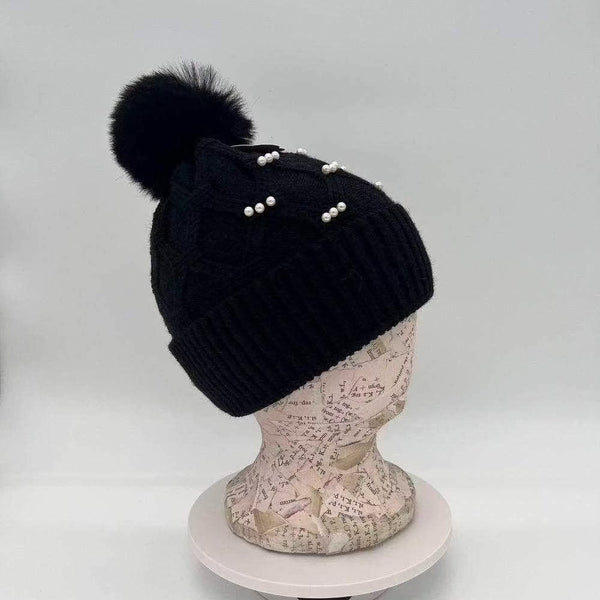 Cotton Road Knitted Beanie in black with faux pearls for warmth and style