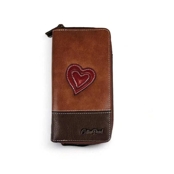 Cotton Road large PU leather wallet in kaki and brown with stitched heart detail and zip closure