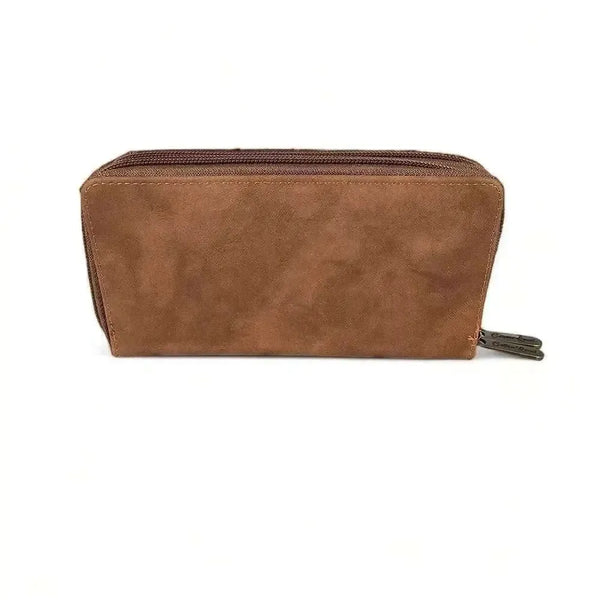 Cotton Road large PU leather wallet in kaki with pink heart, two zip compartments and suede texture