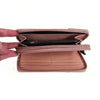 Cotton Road Large PU Leather wallet in pink and tan with two zip compartments for cards and coins, 19x10cm