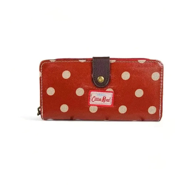 Cotton Road Large PVC Wallet in red with polka dots, spacious zippered compartment and coin purse