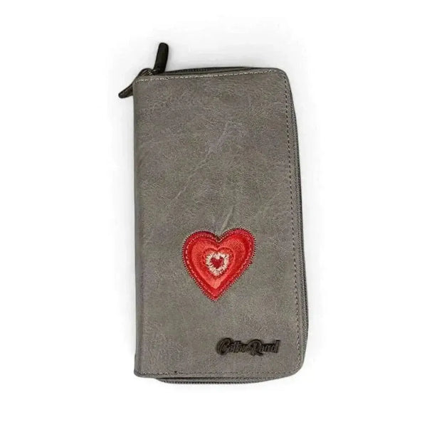 Cotton Road Large Wallet in grey PU leather with embroidered red heart and dual zip compartments