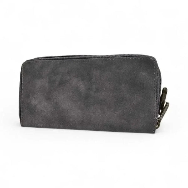 Grey Cotton Road Large Wallet with stitched pink heart and dual zip compartments