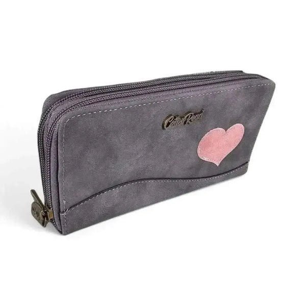 Cotton Road Large Wallet grey PU leather with pink heart and dual zip compartments