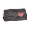Cotton Road Large Wallet in grey PU leather with stitched pink heart and dual zip compartments