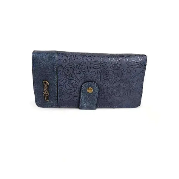 Cotton Road Large Wallet navy PU leather with embossed flower design and zip coin compartment