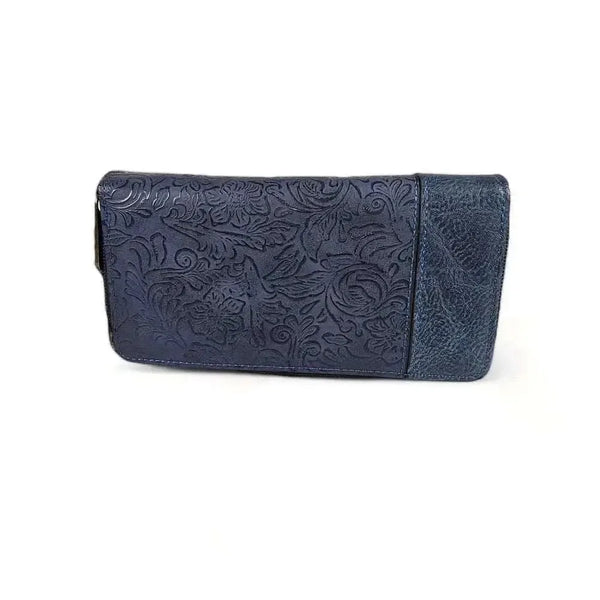 Navy Cotton Road Large Wallet in PU leather with embossed flower, zip coin purse, and fold-open card section.