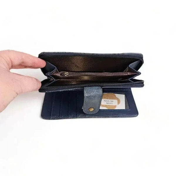 Cotton Road Large Wallet navy PU leather with embossed flower design and zip coin compartment