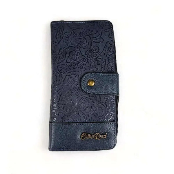 Cotton Road Large Wallet navy PU leather with embossed flower design and zip coin purse