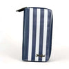 Cotton Road Large Wallet in navy and white striped PU leather with zip compartments and card organizer