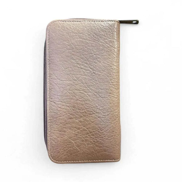 Beige PU leather Cotton Road Large Wallet with crinkled texture and zip-around closure