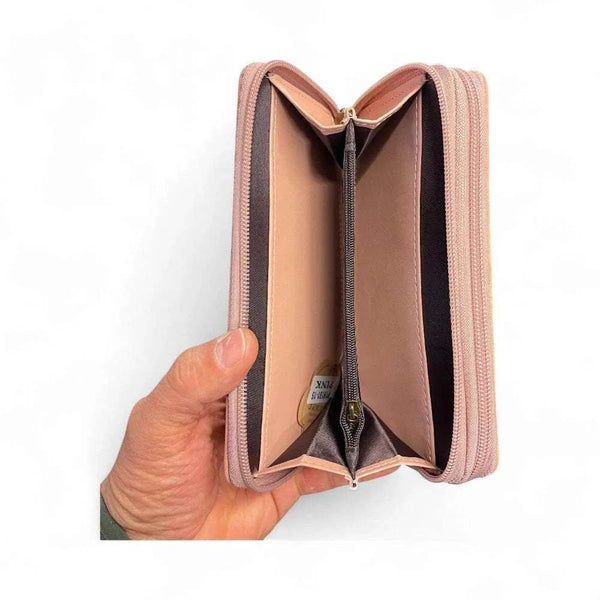 Cotton Road large pink PU leather wallet with light pink heart and multiple zip compartments for organization