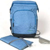 Blue Cotton Road Nappy Bag backpack with front zip compartment, side bottle pockets, changing mat, and wet bag.