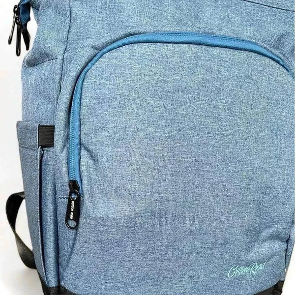 Blue Cotton Road Nappy Bag backpack with front zip compartment, side bottle pockets, and changing mat