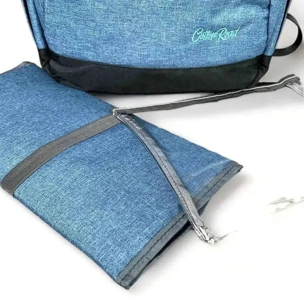 Blue Cotton Road Nappy Bag backpack with multiple compartments and side pockets for bottles