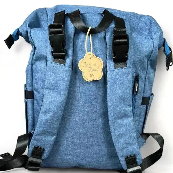 Blue Cotton Road Nappy Bag backpack with front zip compartment, side bottle pockets, and included changing mat and wet bag