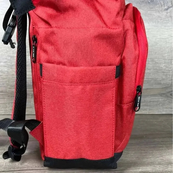 Deep red Cotton Road Nappy Bag backpack with front zip, side bottle pockets, included changing mat, and wet bag