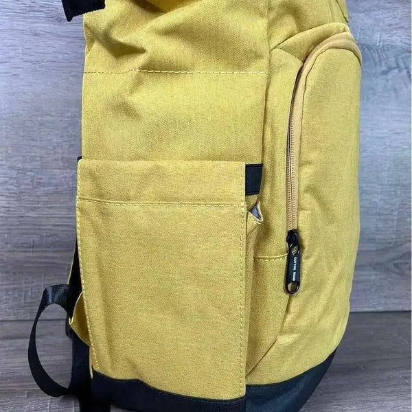 Cotton Road Nappy Bag mustard backpack with front zip compartment and side bottle pockets