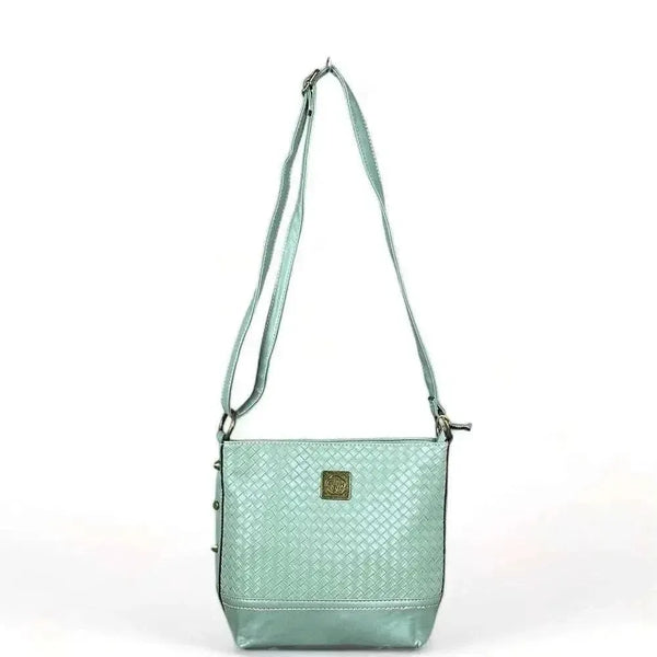 Cotton Road Sling Bag in green PU leather with weave effect and adjustable strap