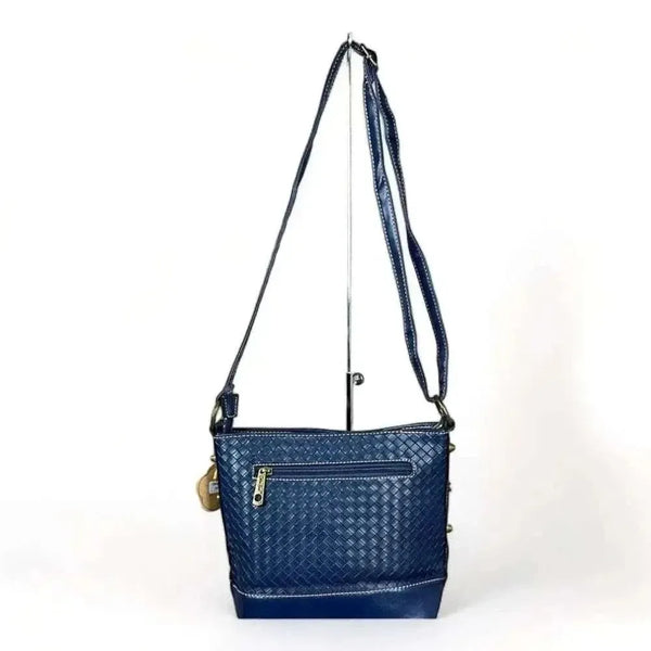 Cotton Road Sling Bag in navy PU leather with weave effect and adjustable strap