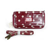 Red Cotton Road sling wallet with large white polka dots and detachable strap