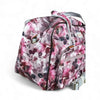Light pink travel bag with purple rose pattern, large zip pouch, and two smaller front zip pouches, 47cm x 29cm x 23cm.
