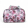 Light pink travel bag with purple rose pattern and multiple zippered pouches