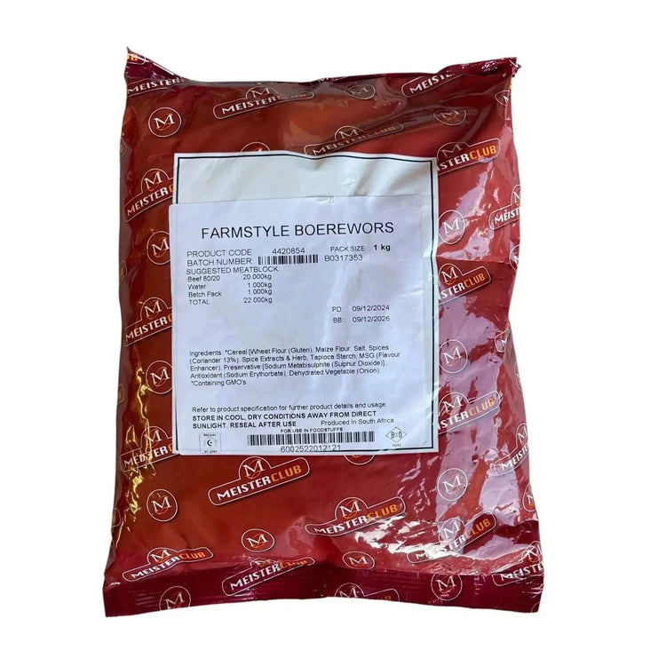 Crown National Farmstyle Boerewors Spice 1kg bag for authentic South African flavor.