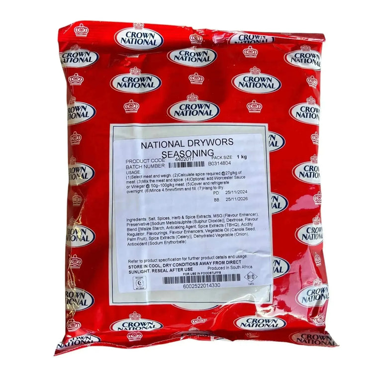 Crown National National Drywors Seasoning pack, 1kg bag for South African drywors.