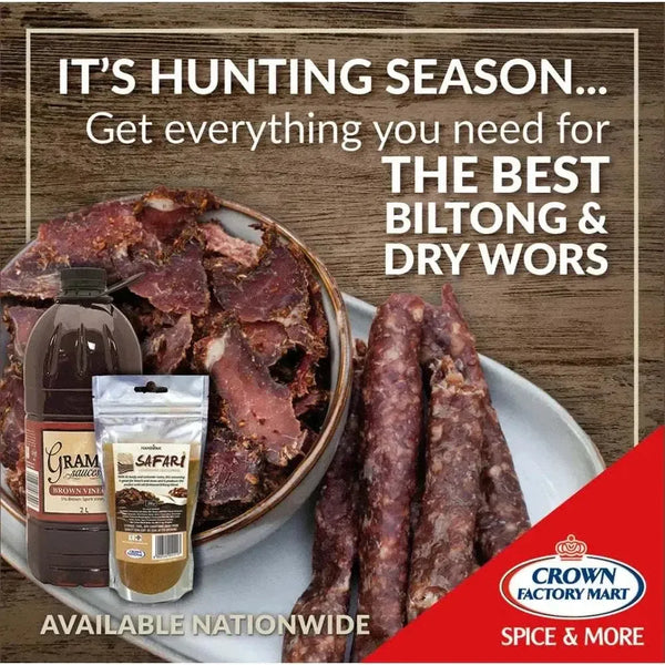 Crown National Safari Biltong Spice 200g with dried meat and seasoning for authentic South African biltong and dry wors.