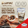 Crown National Safari Biltong Spice 200g seasoning pouch with biltong meat slices on wooden cutting board for authentic South African flavor