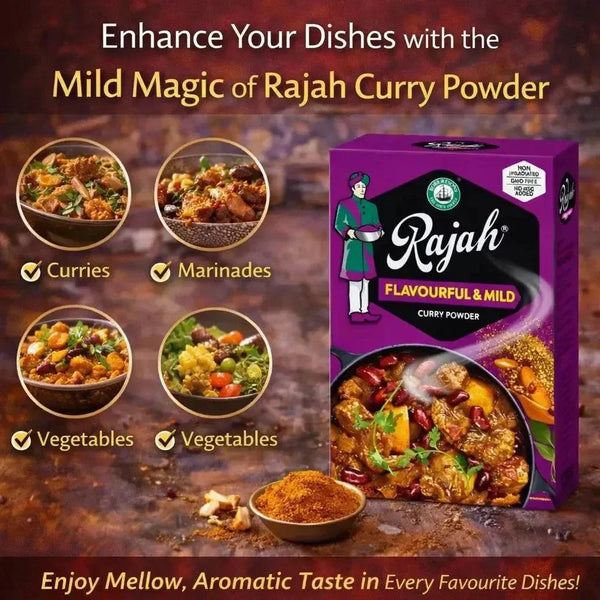 Rajah Curry Powder 100g pack with mild, aromatic blend of turmeric, coriander, cumin, and chili for flavorful cooking