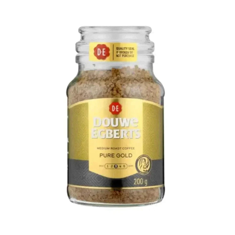 Douwe Egberts Pure Gold Instant Coffee 200g jar showcasing premium blend and aroma