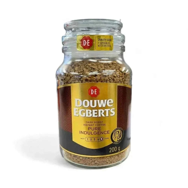 Douwe Egberts Pure Indulgence Dark Roast Instant Coffee 200g jar with rich, full-bodied flavor and premium quality beans