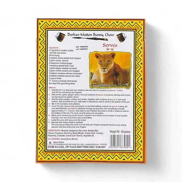 Taste of Africa Durban Mutton Bunny Chow spice mix packet with recipe for authentic South African dish
