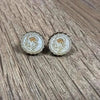 Light blue circle earrings with laser engraved protea design, 15mm diameter, sold in pairs