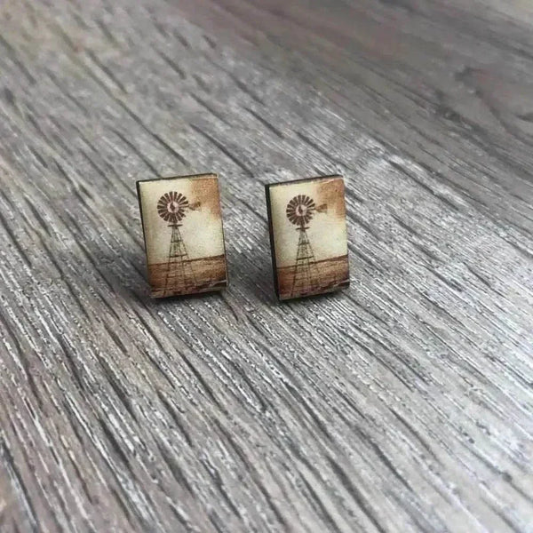 Earrings windmill design brown and beige 15mm x 5mm sold in pairs