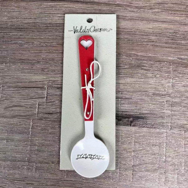 Enamel sugar spoon with wooden handle and Birds on a Wire engraving