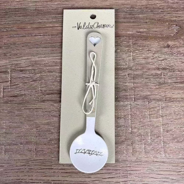 Enamel sugar spoon with wooden handle and laser engraved birds on a wire design