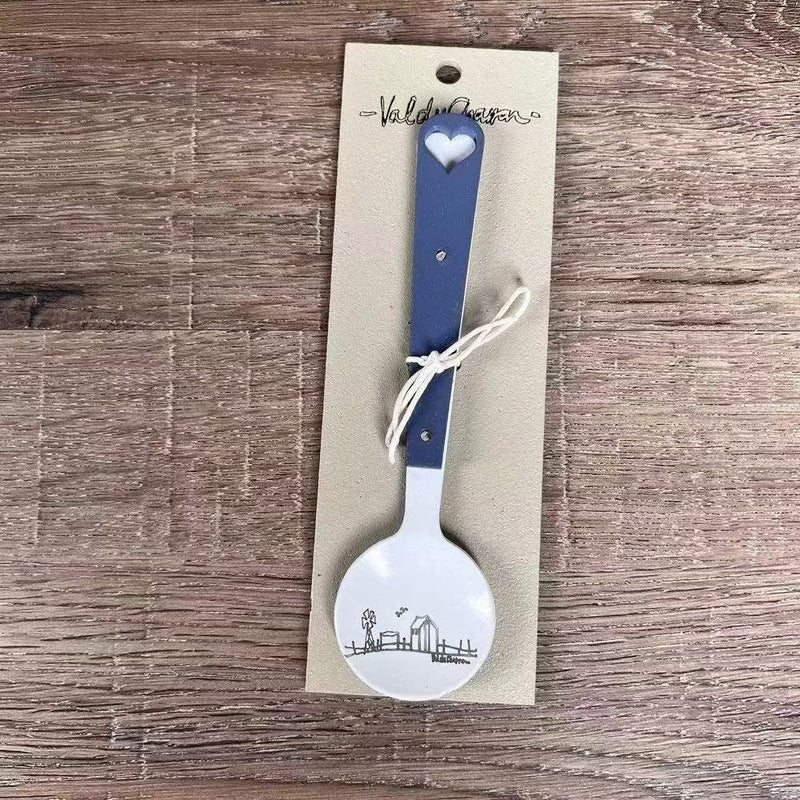 Enamel sugar spoon with wooden handle and farmhouse heart engraving